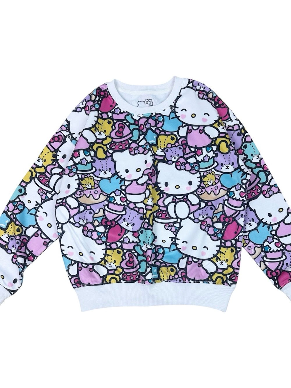 Hello Kitty White Pullover Sweatshirt with Pink, Purple & Blue Character Print